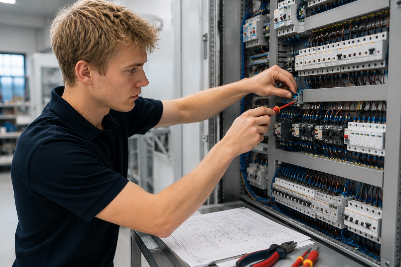Elektrikář pracující na elektrickém rozvaděči