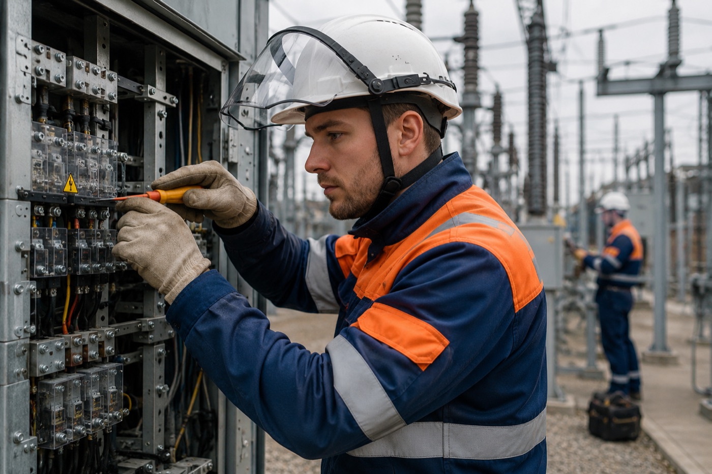 Elektrikář pracující na elektrickém rozvaděči